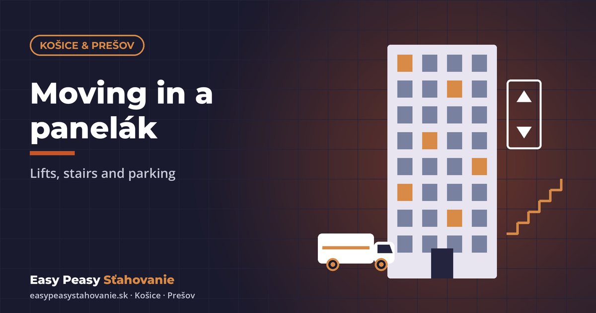 Moving in a Slovak panelák – lift, stairs and van by the entrance